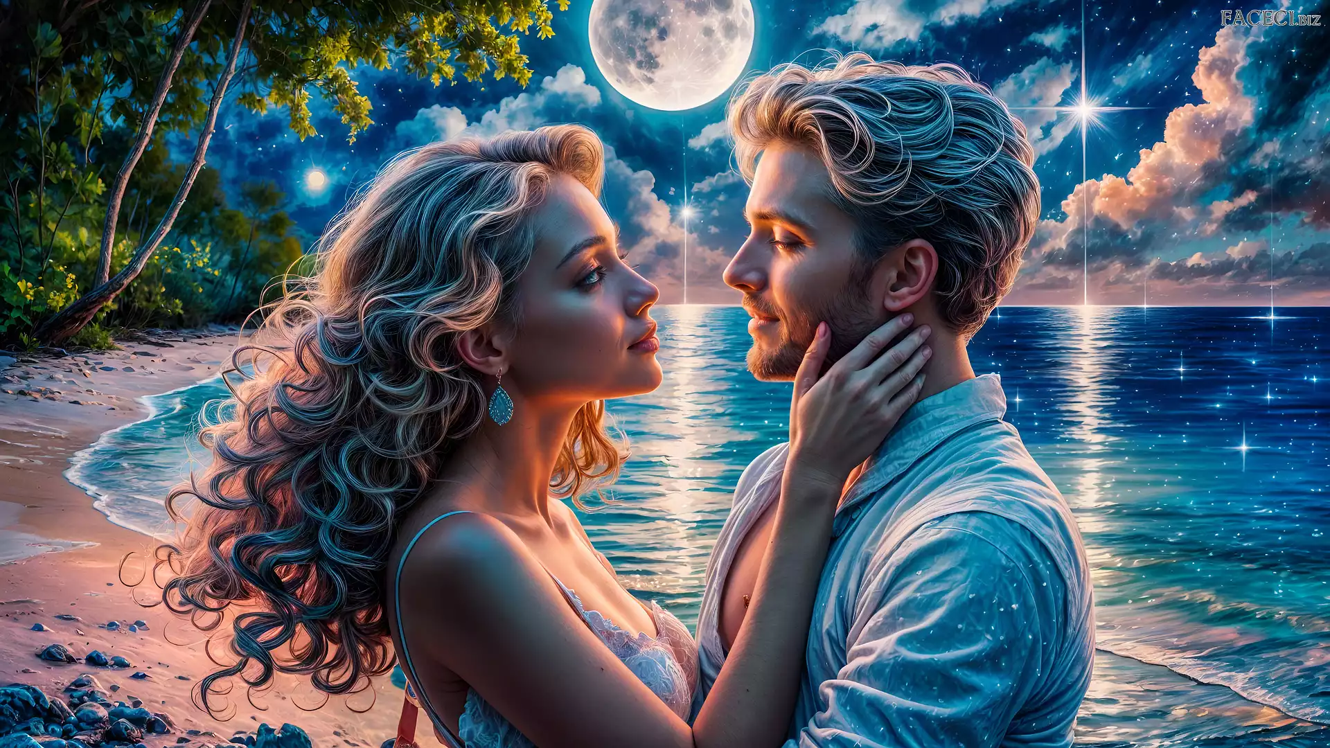 Księżyc, Morze, Gwiazdy, Kobieta, Grafika, Mężczyzna, Zakochani, Para